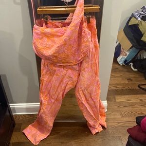 Two piece set orange and pink. One shoulder top and pants from Zara